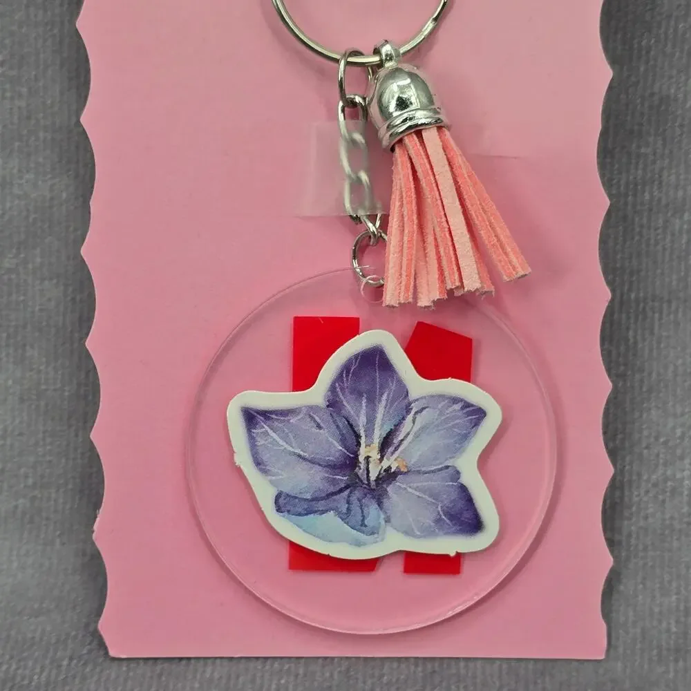 Letter Keychain Clear Silver Circle Handmade‎ Acrylic Tassel Flower N Pink